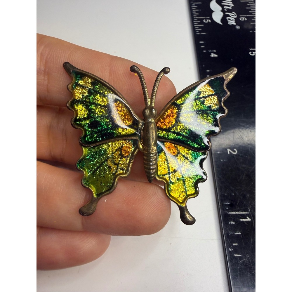 Vintage Butterfly Brooch Green Yellow Enamel Glitter Brass Tone Pin 2 Inch